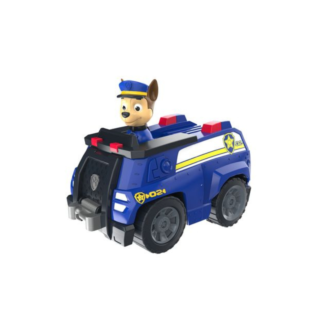 Carrinho de brinquedo azul com figura de cão polícia e detalhes amarelos e vermelhos
