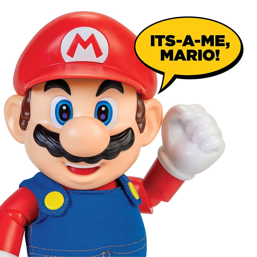 Boneco do personagem Mario com roupa azul e chapéu vermelho e balão de texto