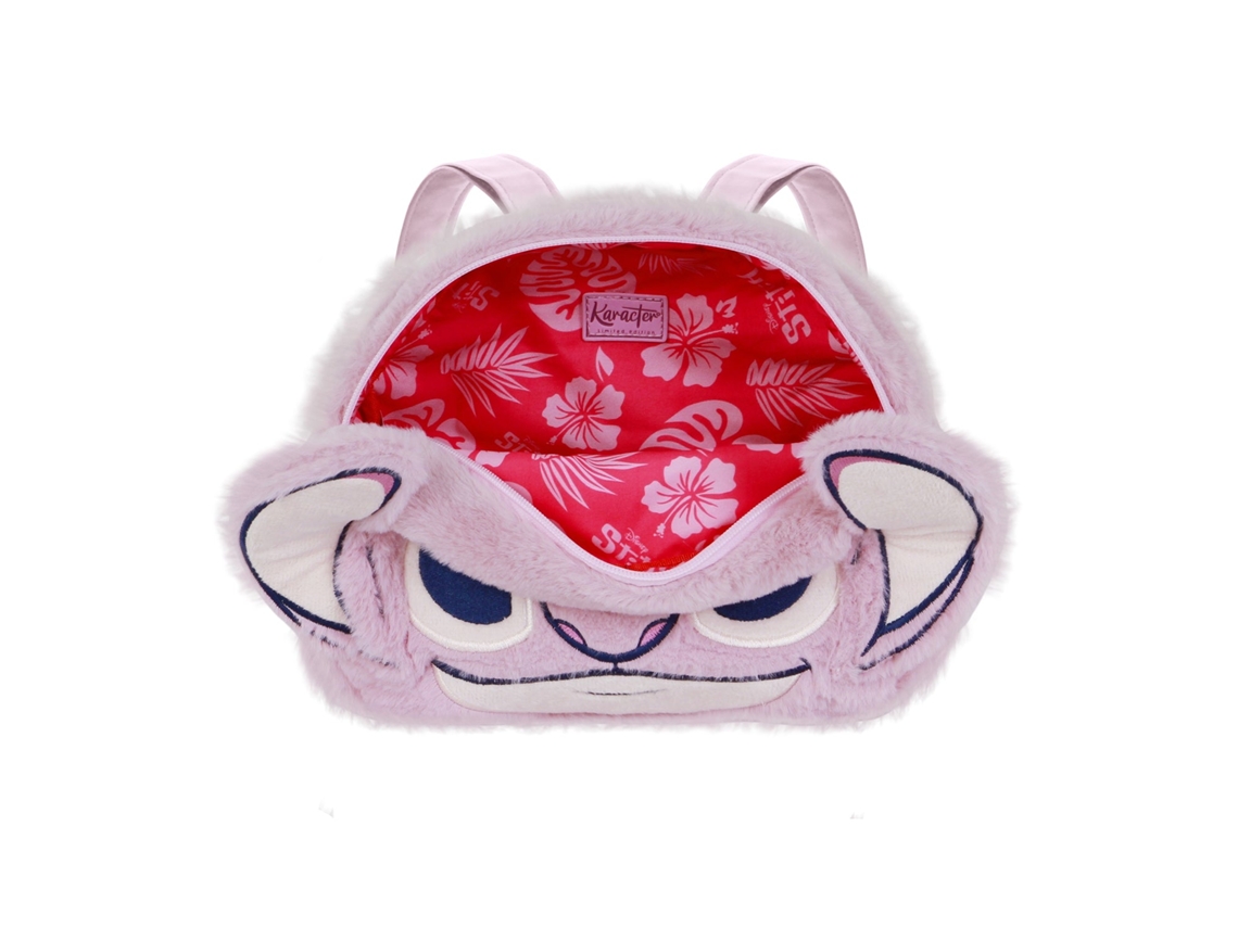 Mochila peluda rosa com rosto de personagem e forro vermelho floral aberto