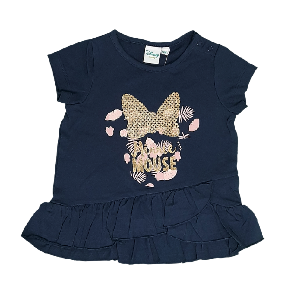 T-shirt infantil azul escura com estampa dourada e rosa de borboleta e texto Minnie Mouse