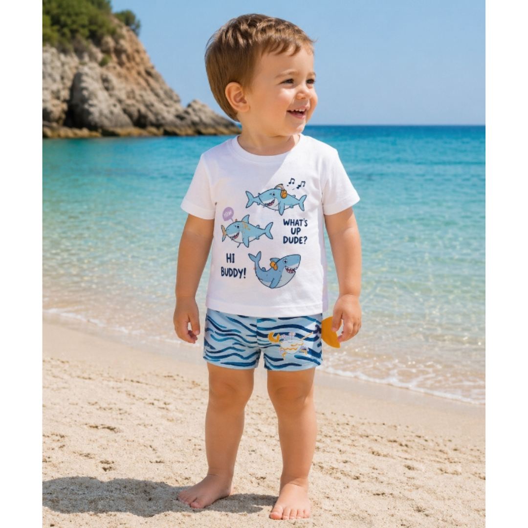 Camisola branca e calções às riscas azuis com desenhos de tubarões e caranguejo em criança na praia