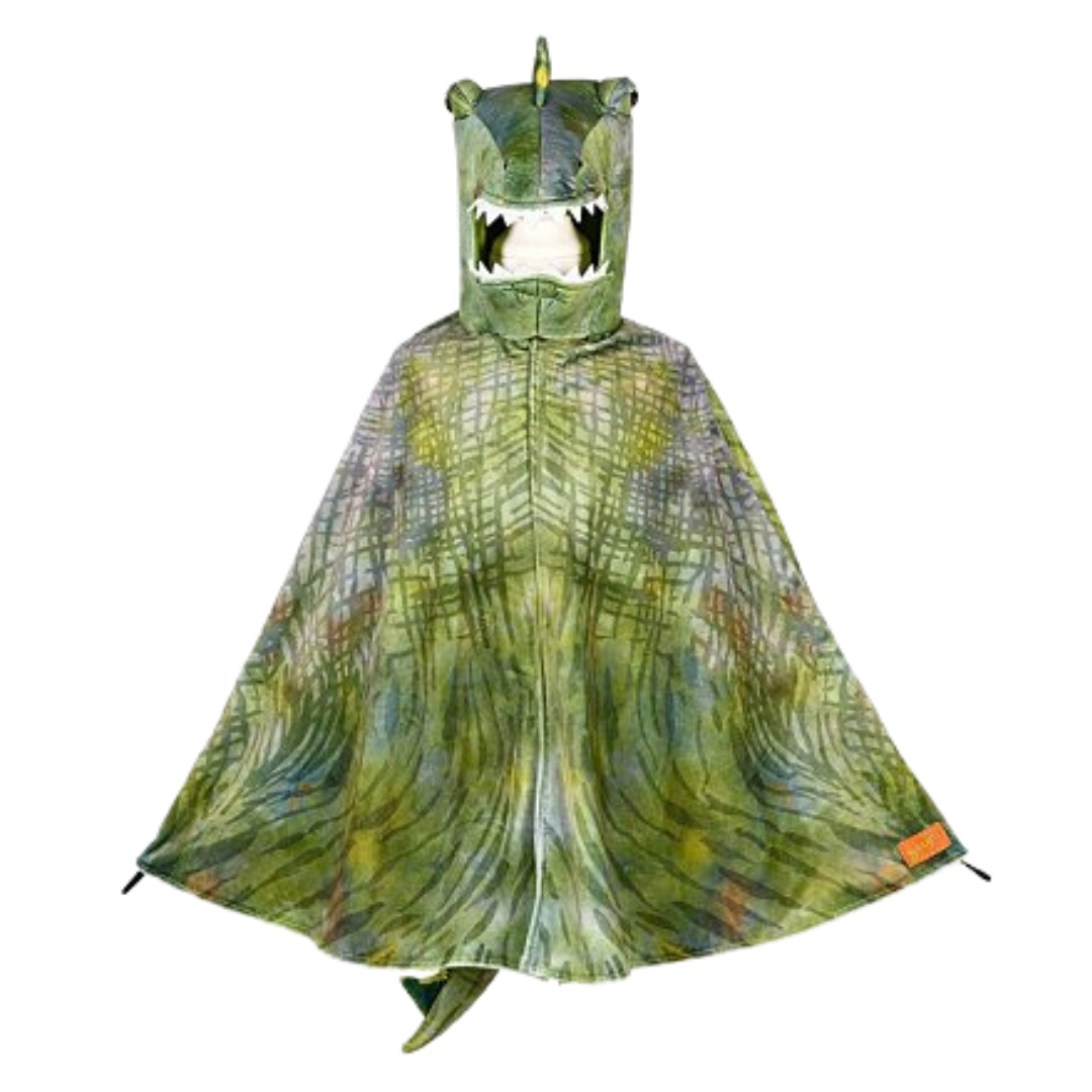 Capa infantil de dinossauro verde com capuz e cauda
