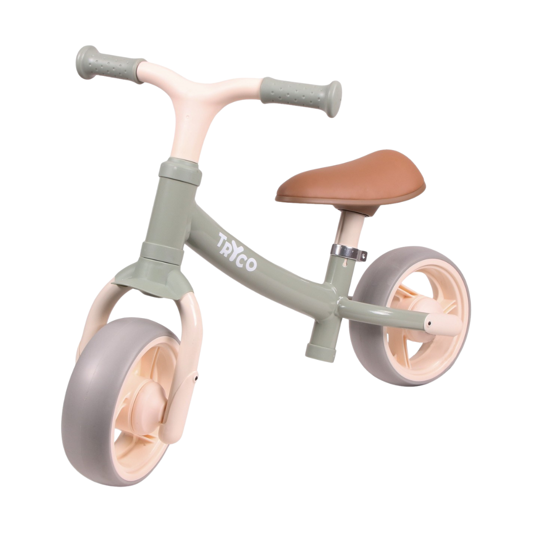 Bicicleta de equilíbrio infantil verde e bege com assento castanho