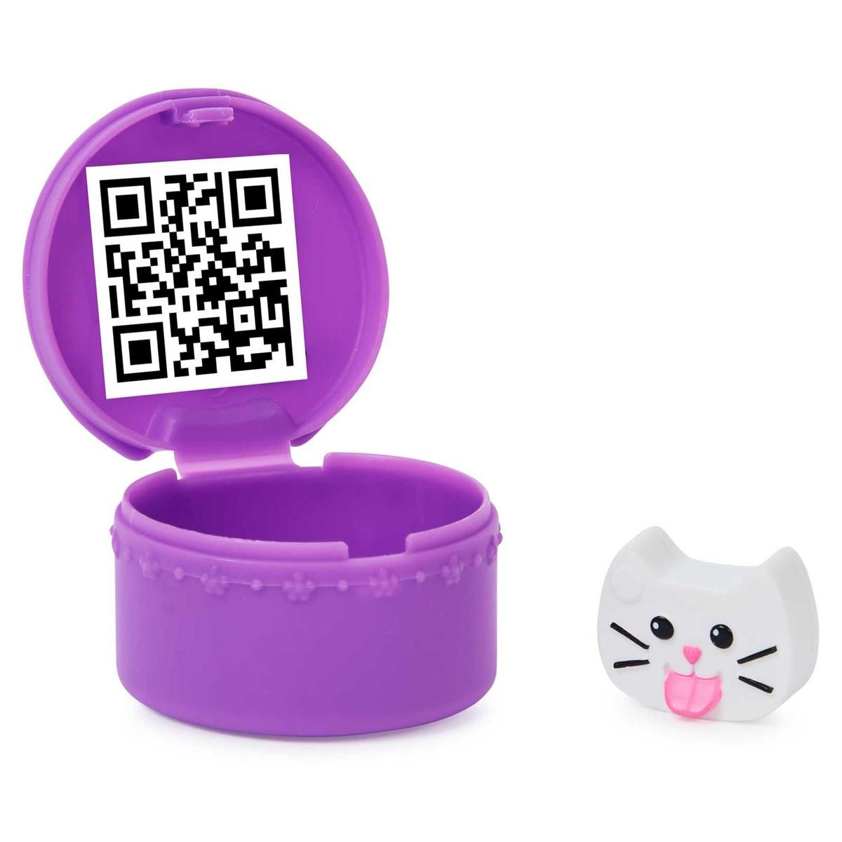 Estojo redondo roxo com tampa aberta e figura de gato branca plástico