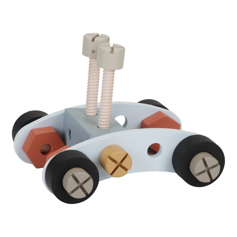 Brinquedo de montar em madeira tipo carro com rodas e parafusos coloridos