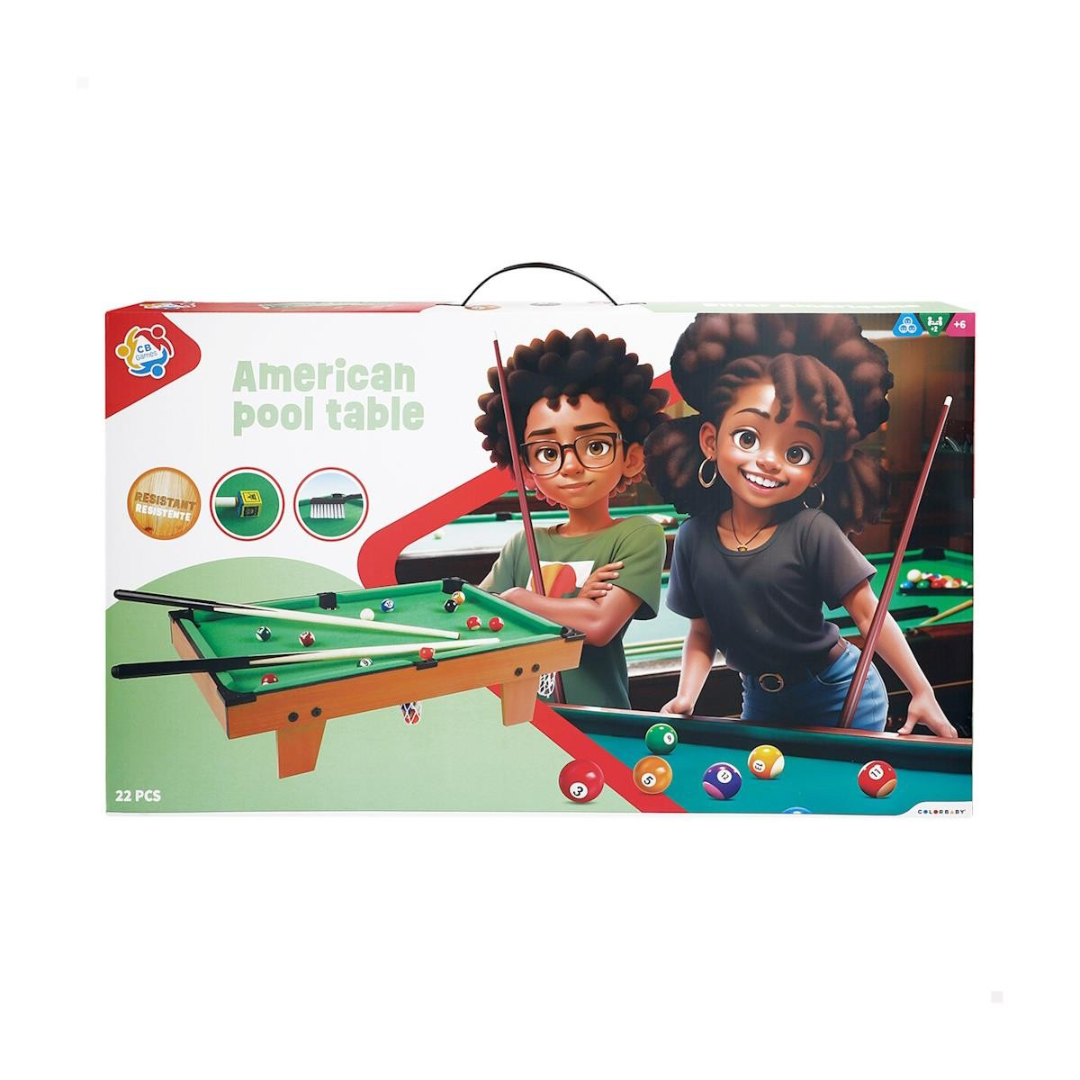 Caixa de jogo American pool table com ilustração de crianças e mesa de bilhar