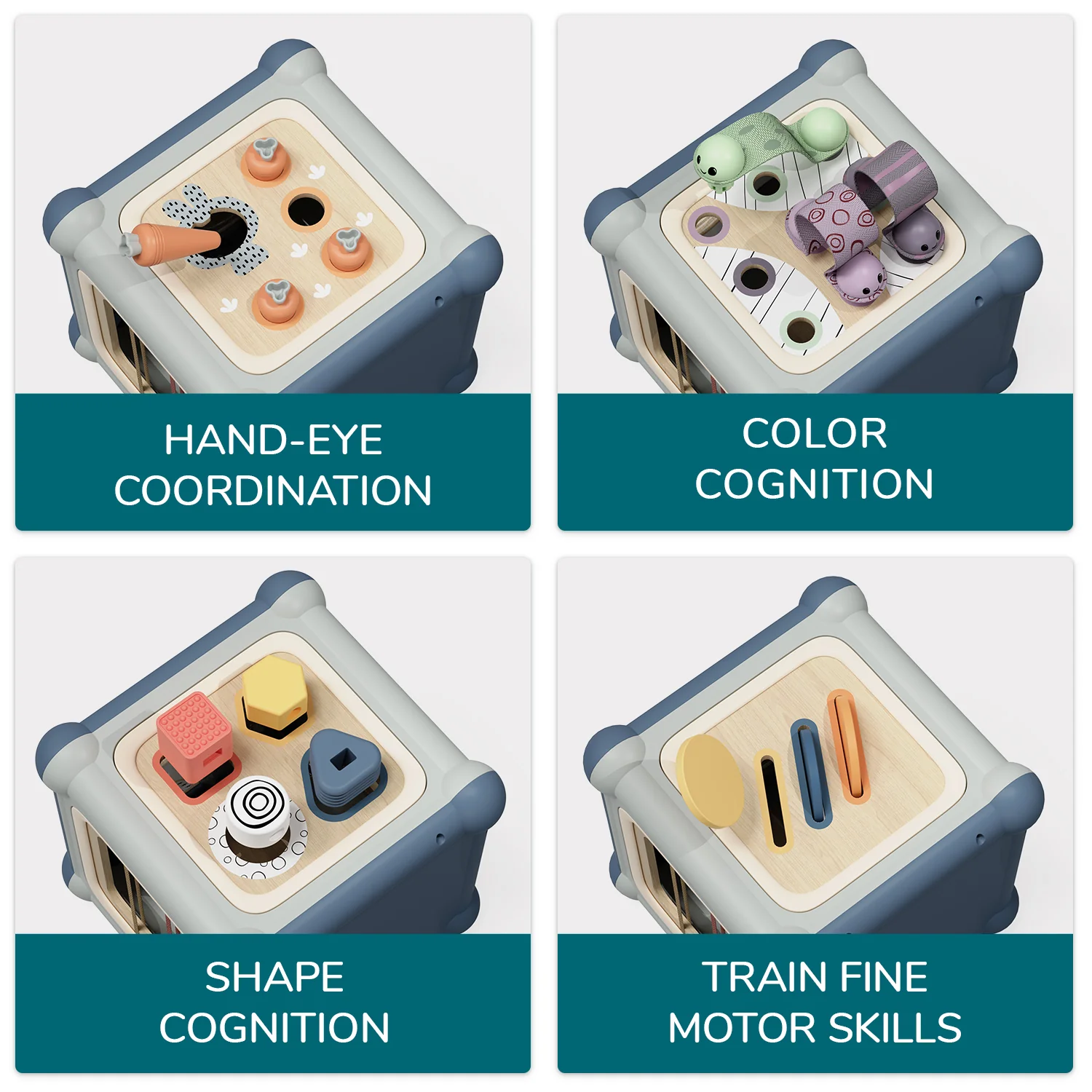 Cubo educativo com actividades de coordenação olho-mão, cognição de cor, cognição de forma e treino de motricidade fina.