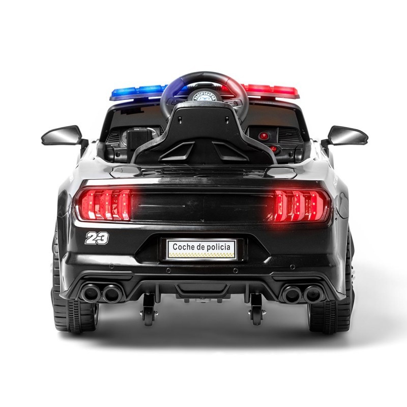 carro de polícia infantil preto visto de trás, luzes vermelhas e azuis no tejadilho