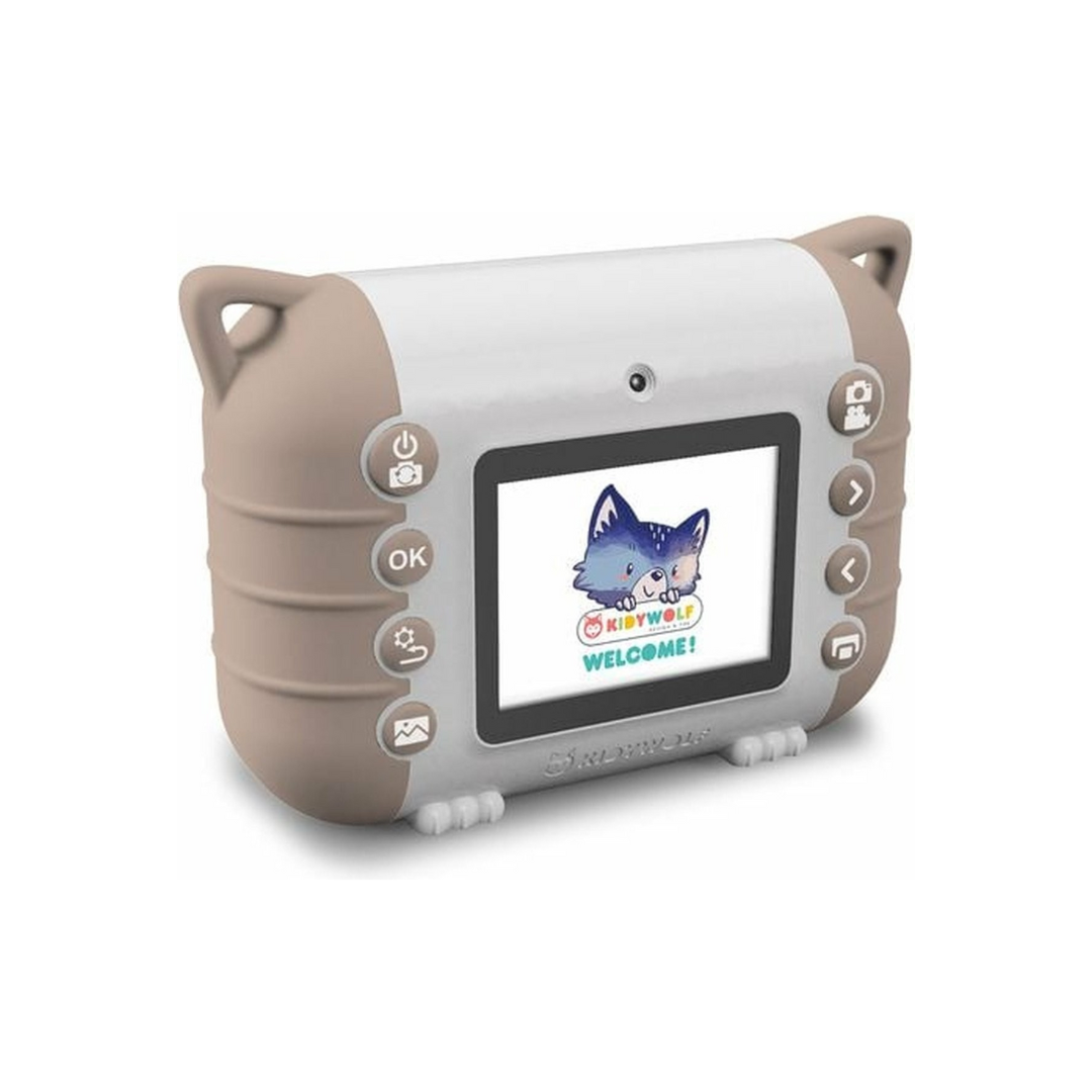 Câmara digital infantil com proteção de silicone bege e ecrã colorido com cão e texto WELCOME