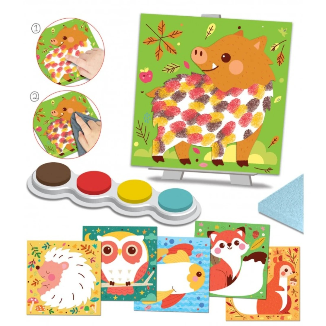 Kit de pintura infantil com imagens de animais e tintas coloridas