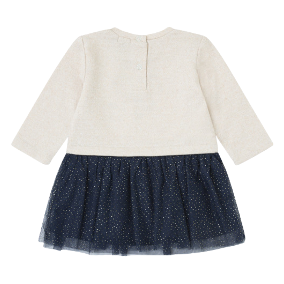 Vestido de bebé bege e azul escuro com tule e pontos dourados