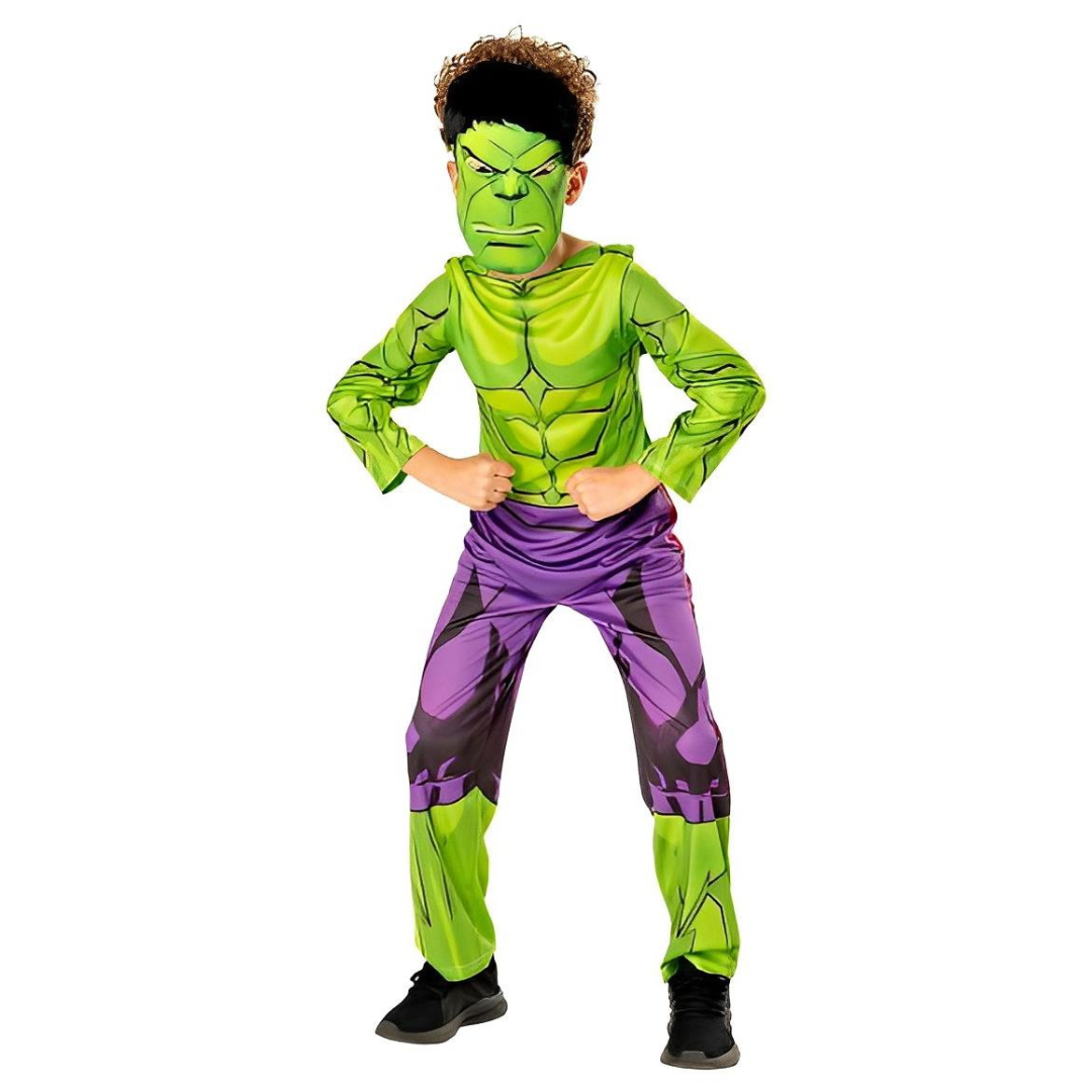 Fantasia do Hulk para criança com máscara verde, roupa verde e roxa, e sapatos pretos