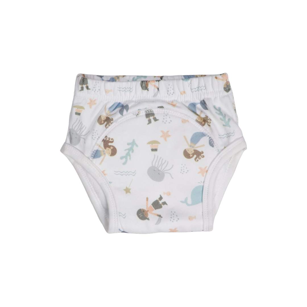 Cueca de treino branca com padrão de animais marinhos.