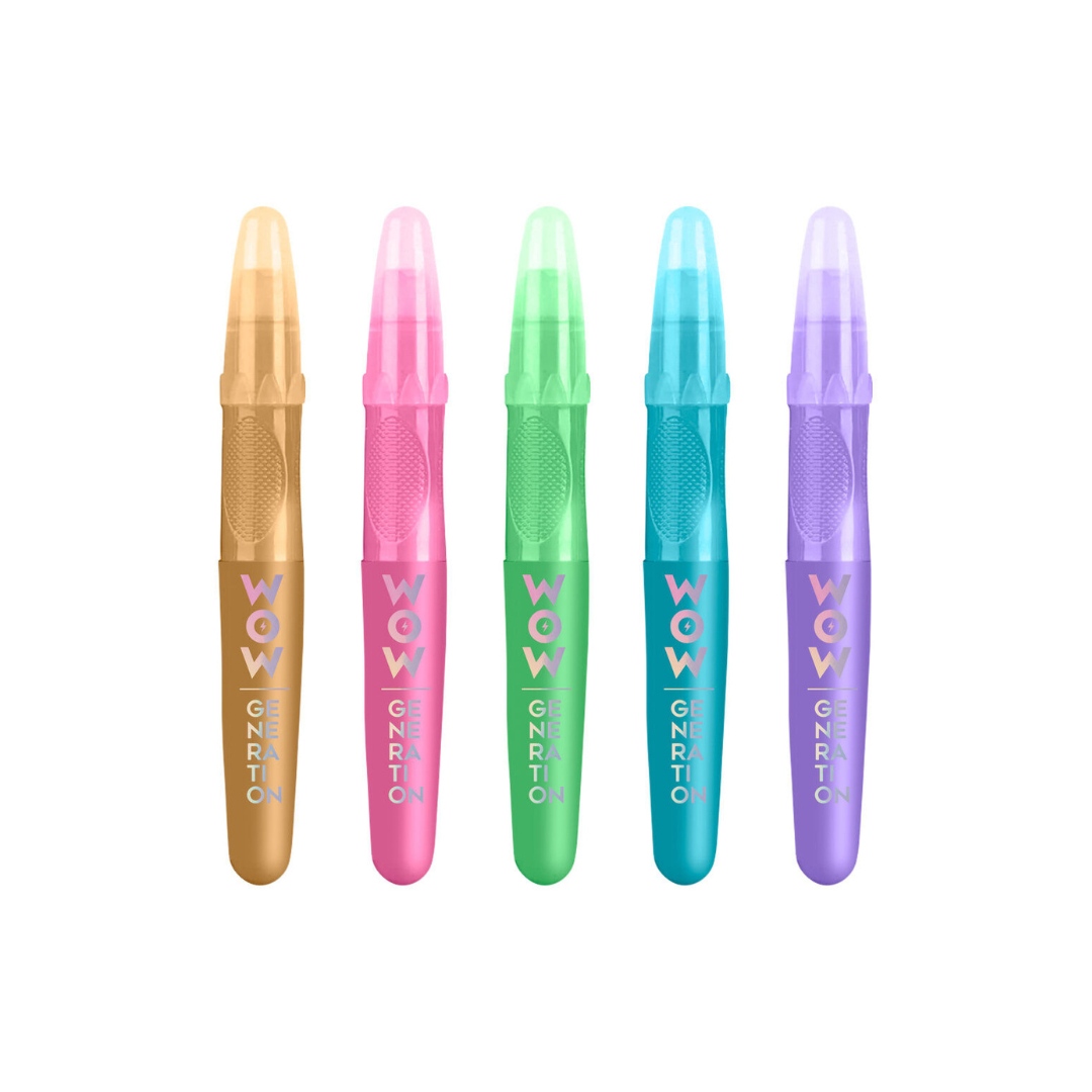 Marcadores de texto coloridos em cinco cores diferentes com texto WOW GENERATION