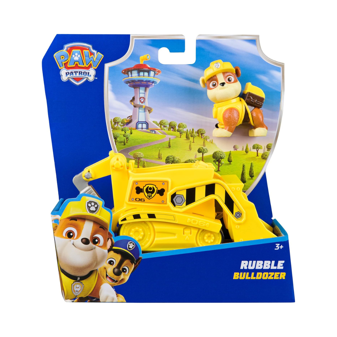 Brinquedo bulldozer amarelo PAW Patrol Rubble na embalagem azul