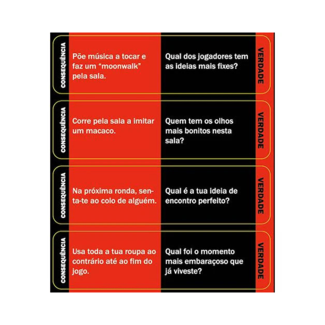 Cartões de jogo com textos de verdade e consequência em vermelho e preto