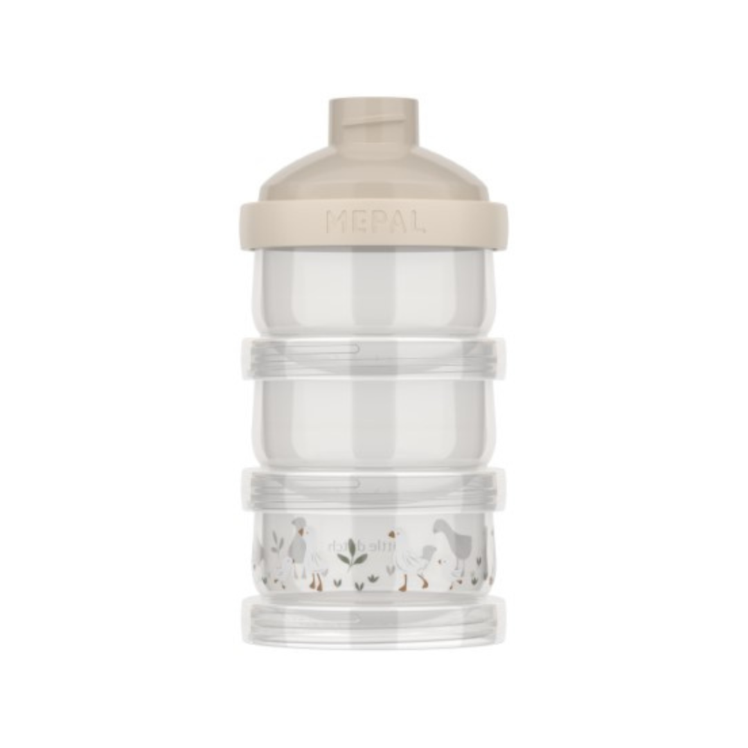 Frasco empilhável transparente com tampa bege e anel MEPAL, três compartimentos, decoração com galinhas e folhas no compartimento inferior