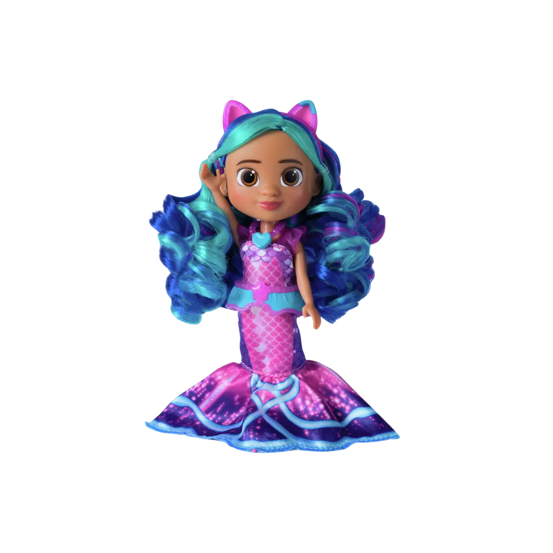 Boneca sereia com cabelo azul e verde e vestido rosa e roxo