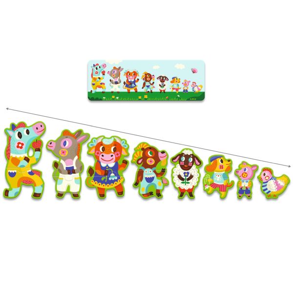 Peças de puzzle de madeira com animais de fazenda coloridos e cartão de referência