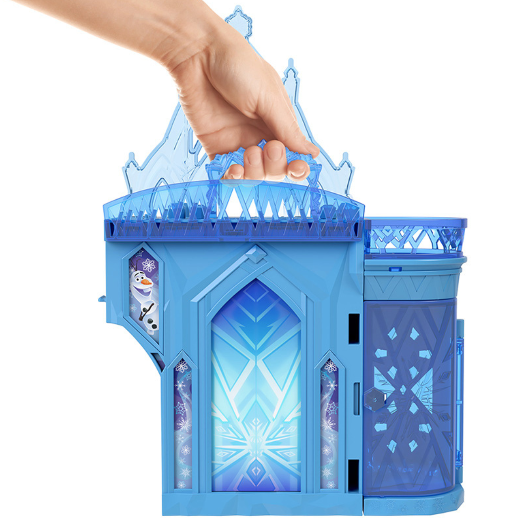 Brinquedo castelo azul com personagem Olaf nas janelas e pega azul transparente no topo