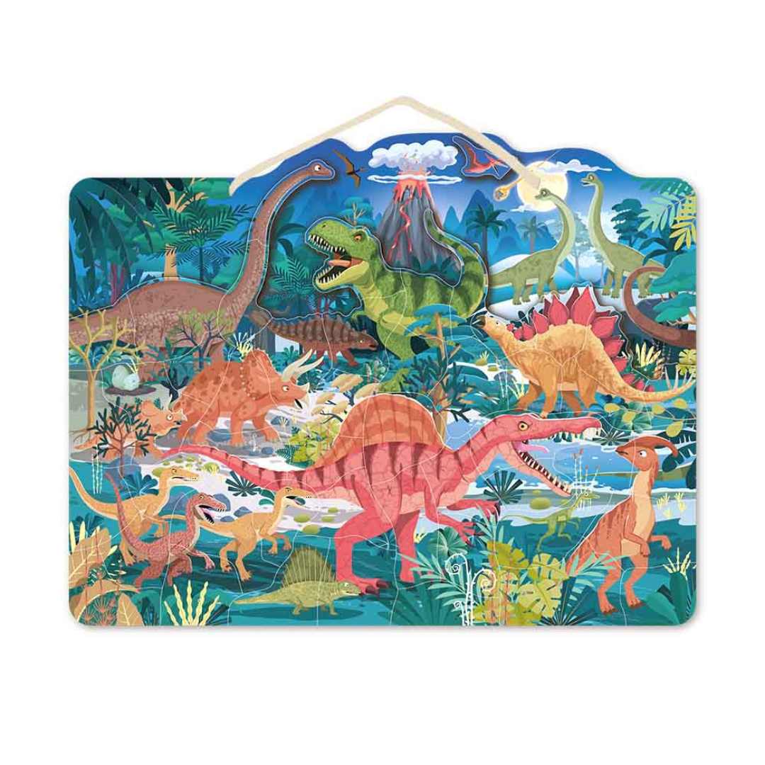 Quebra-cabeças de madeira colorido com dinossauros e corda para pendurar
