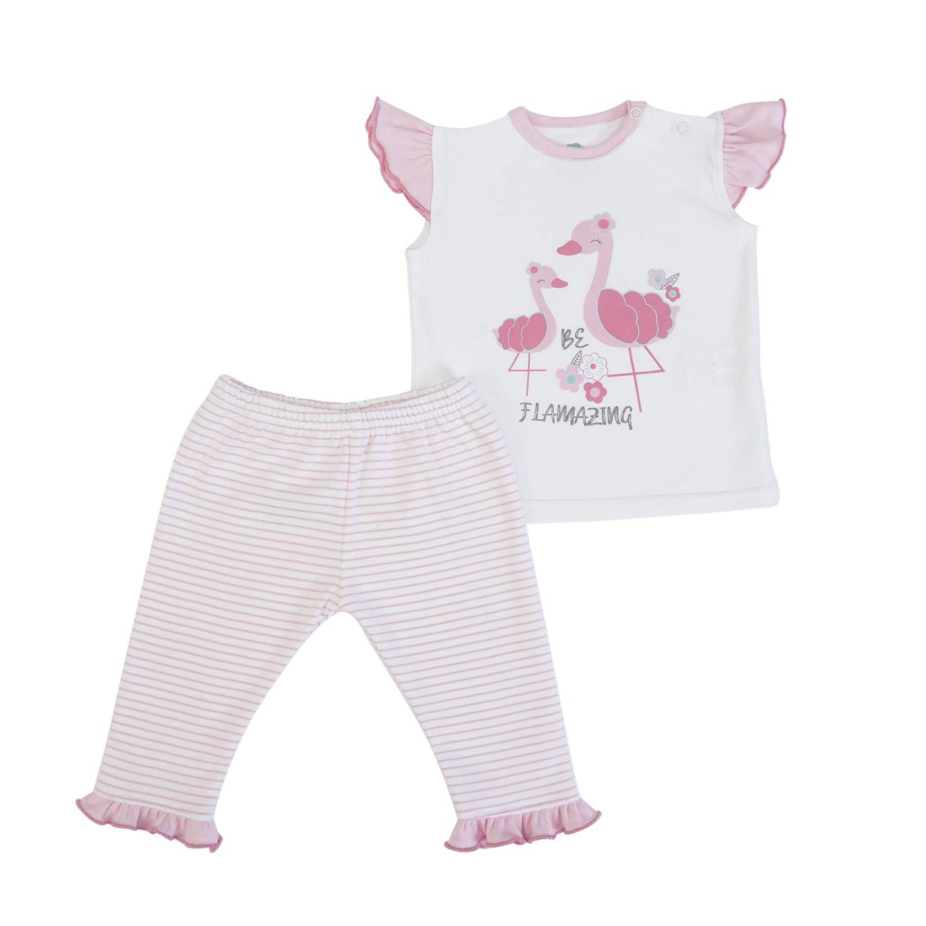 Conjunto de roupa de bebé com t-shirt branca com estampa de flamingos e calças listradas rosa