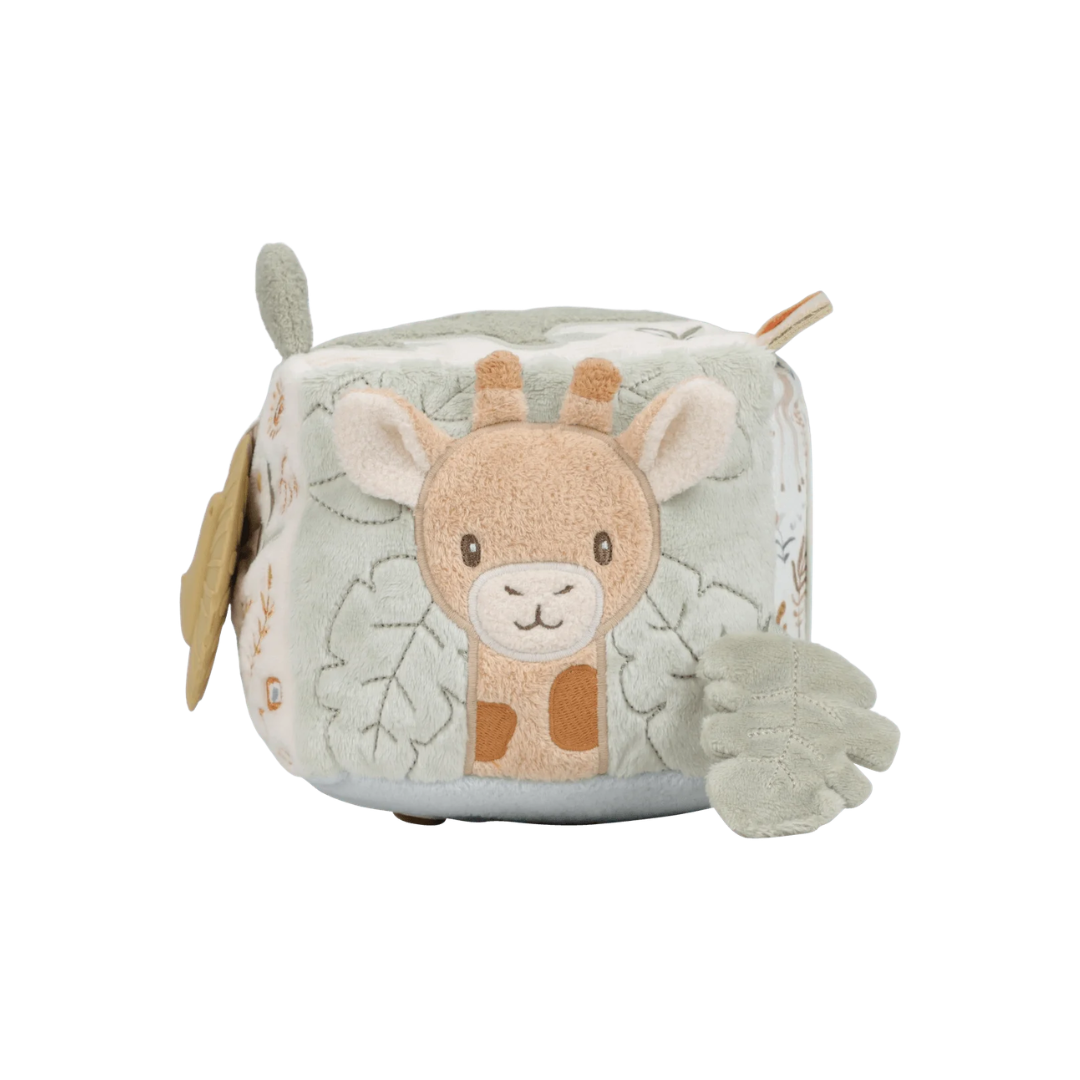 Cubinho de peluche com figura de girafa e folha destacável, peluche suave para bebé.