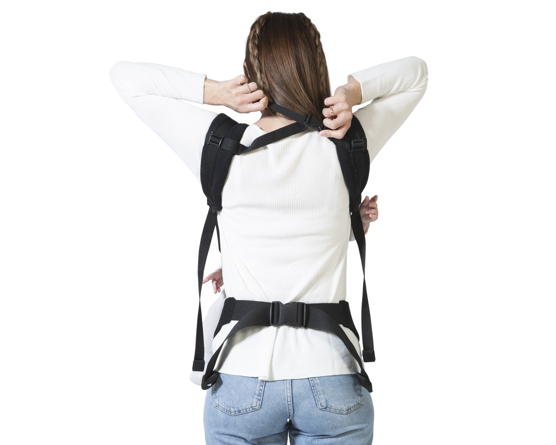 Suporte corretor de postura preto ajustável usado por pessoa de costas