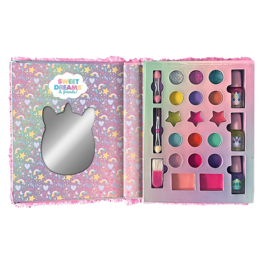 Conjunto de maquiagem infantil Sweet Dreams Friends com sombras, pincéis, esmaltes e espelho em forma de gato