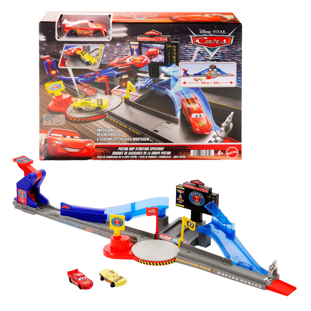 Conjunto de pista de corrida Piston Cup Stunting Speedway com dois carros e embalagem.