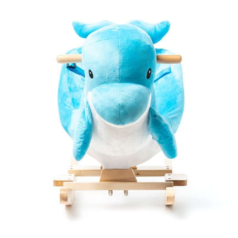 Cavalinho de balanço infantil azul com estrutura em madeira