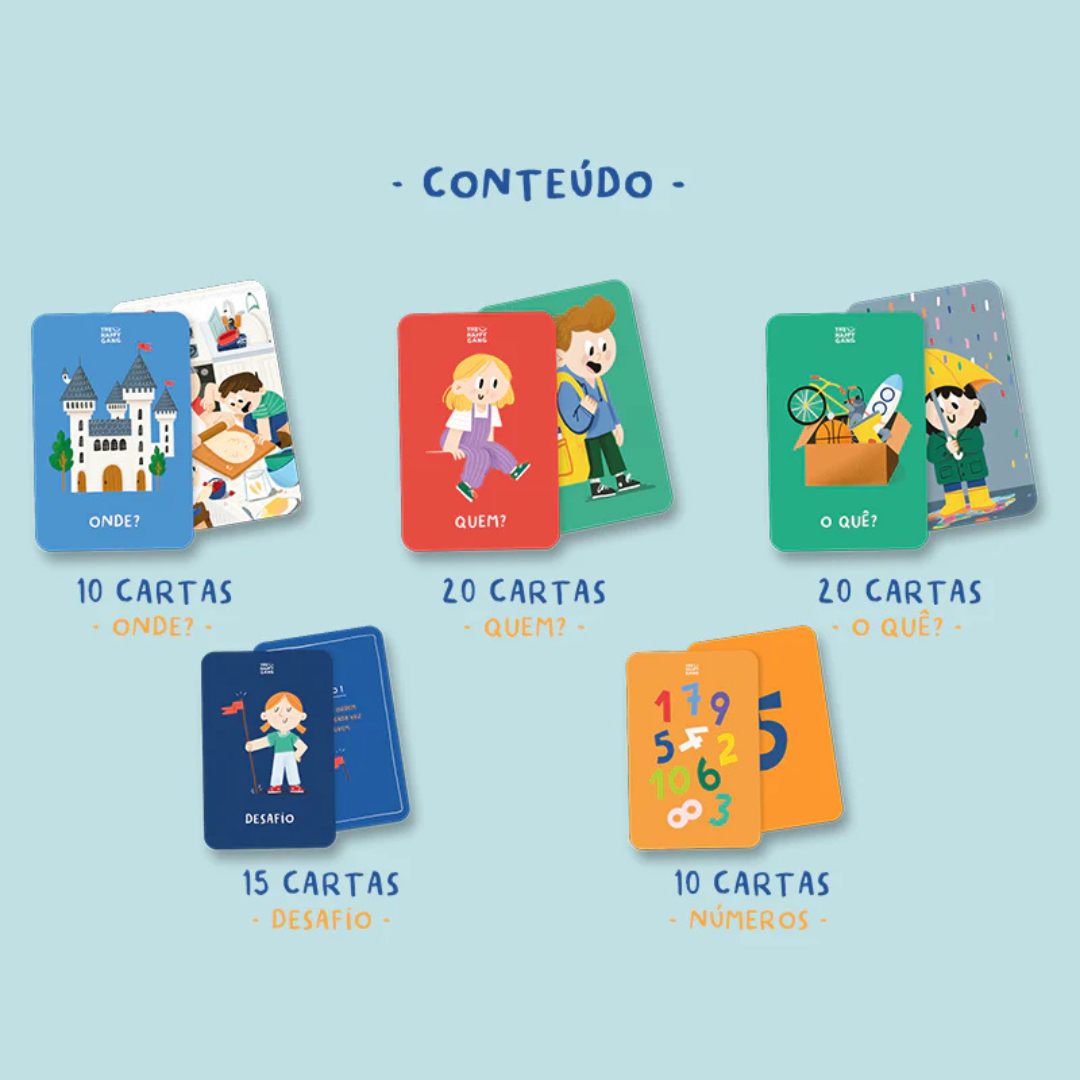 Cartas de jogo ilustradas com diferentes categorias e números em fundo azul claro