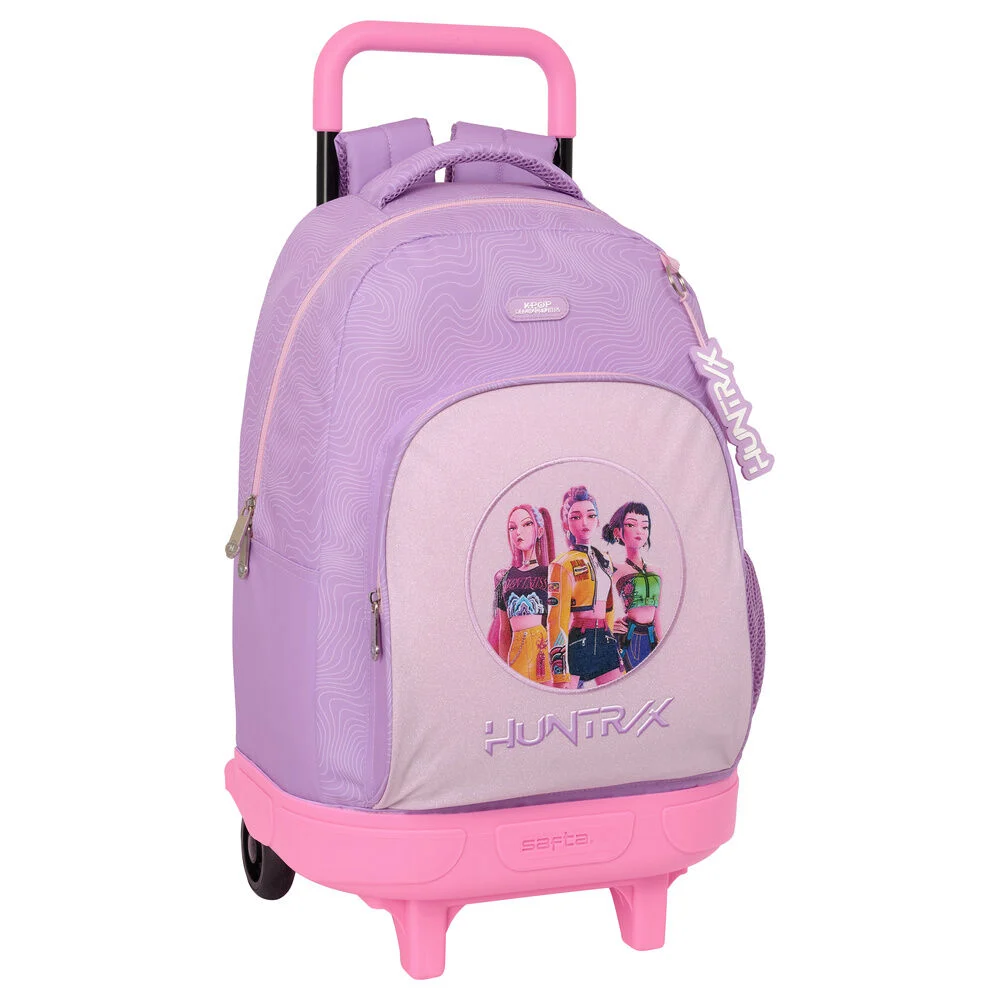 Mochila de rodinhas lilás e rosa com alça e roda, bolso frontal com imagem de três personagens femininas