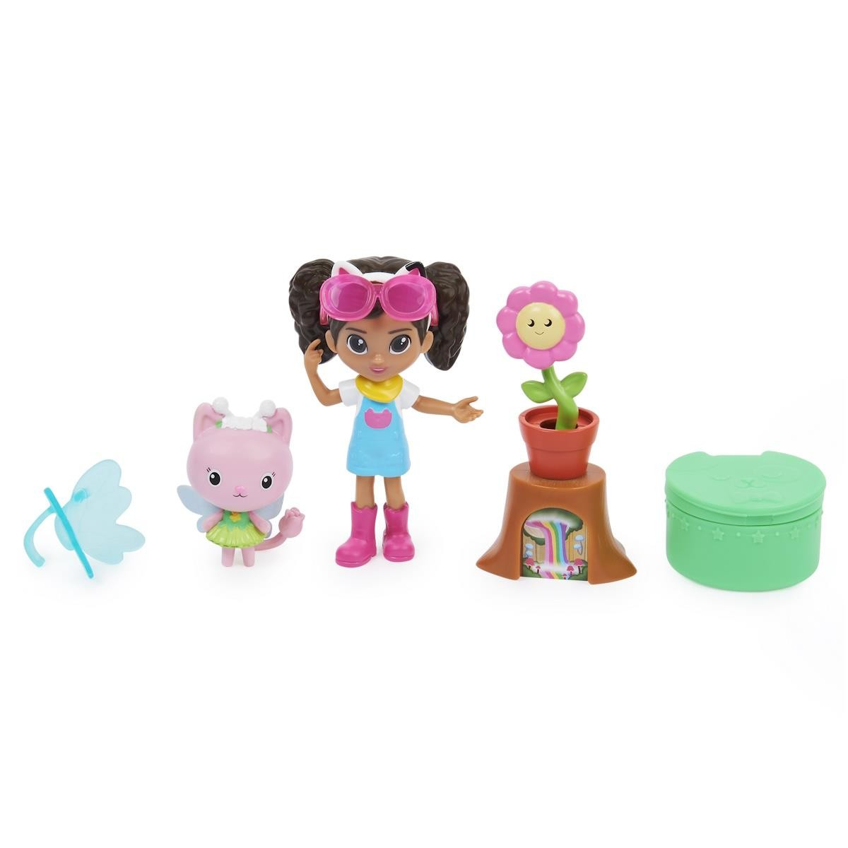 Conjunto de brinquedos com boneca, gato, borboleta, flor em vaso e caixa verde