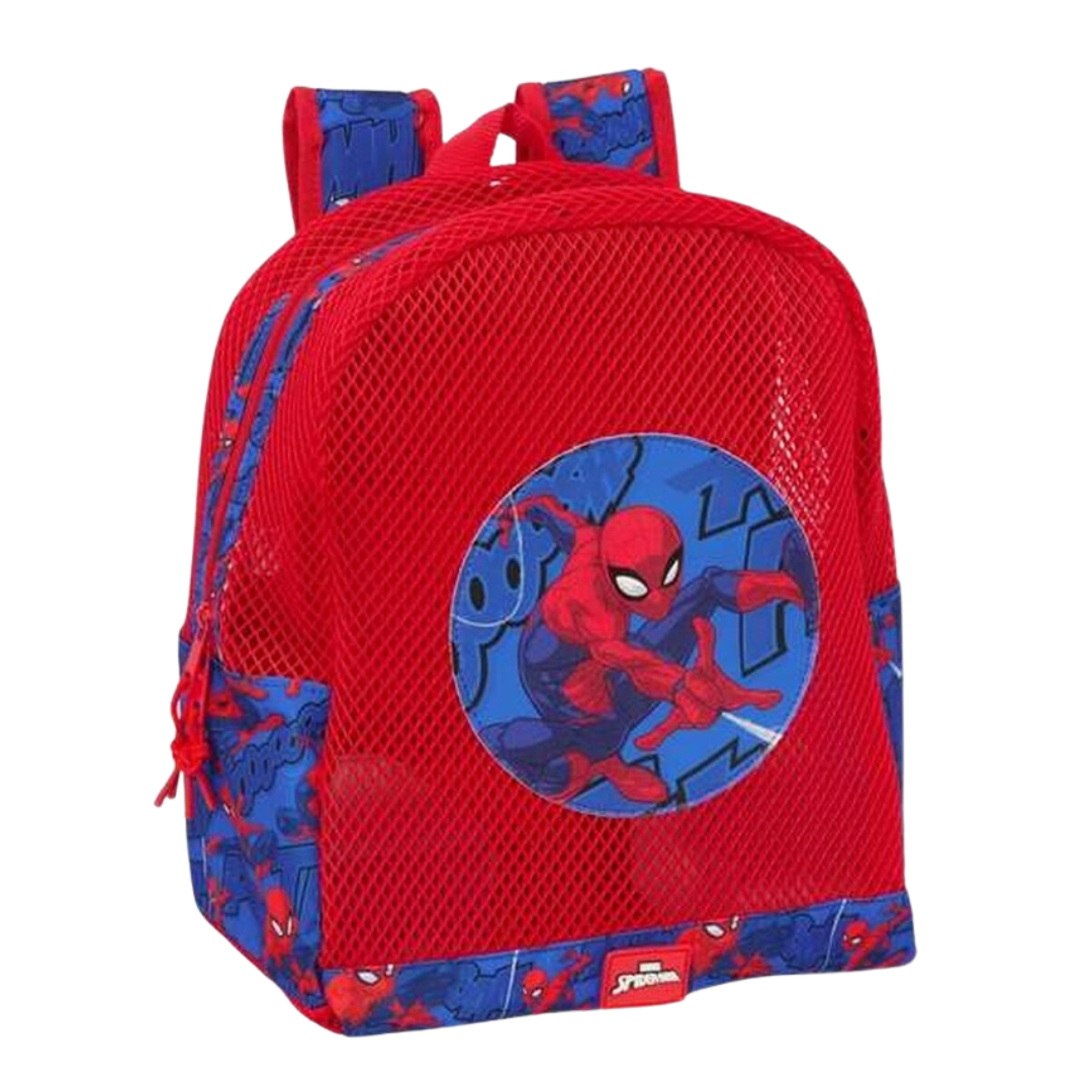 Mochila infantil vermelha e azul com Spider-Man estampado e detalhes em rede