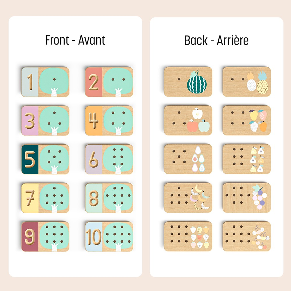 Blocos de madeira coloridos com números e ilustrações de frutas