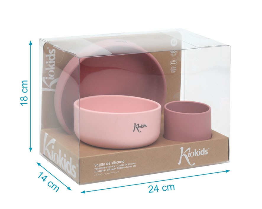 Conjunto de loiça infantil rosa em silicone Kiokids em caixa transparente
