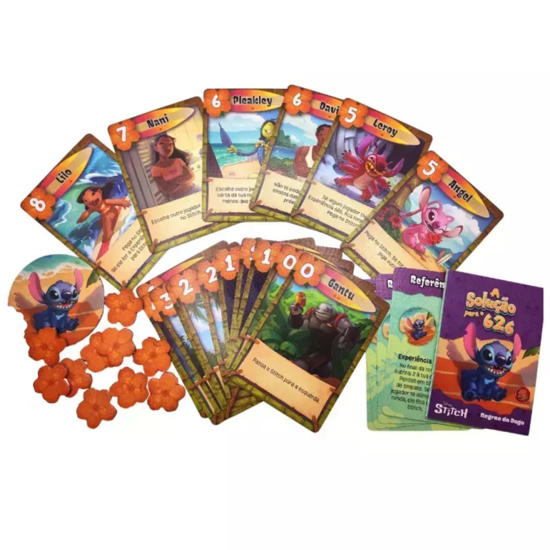 Jogo de cartas temático com personagens e componentes coloridos inspirados em Stitch
