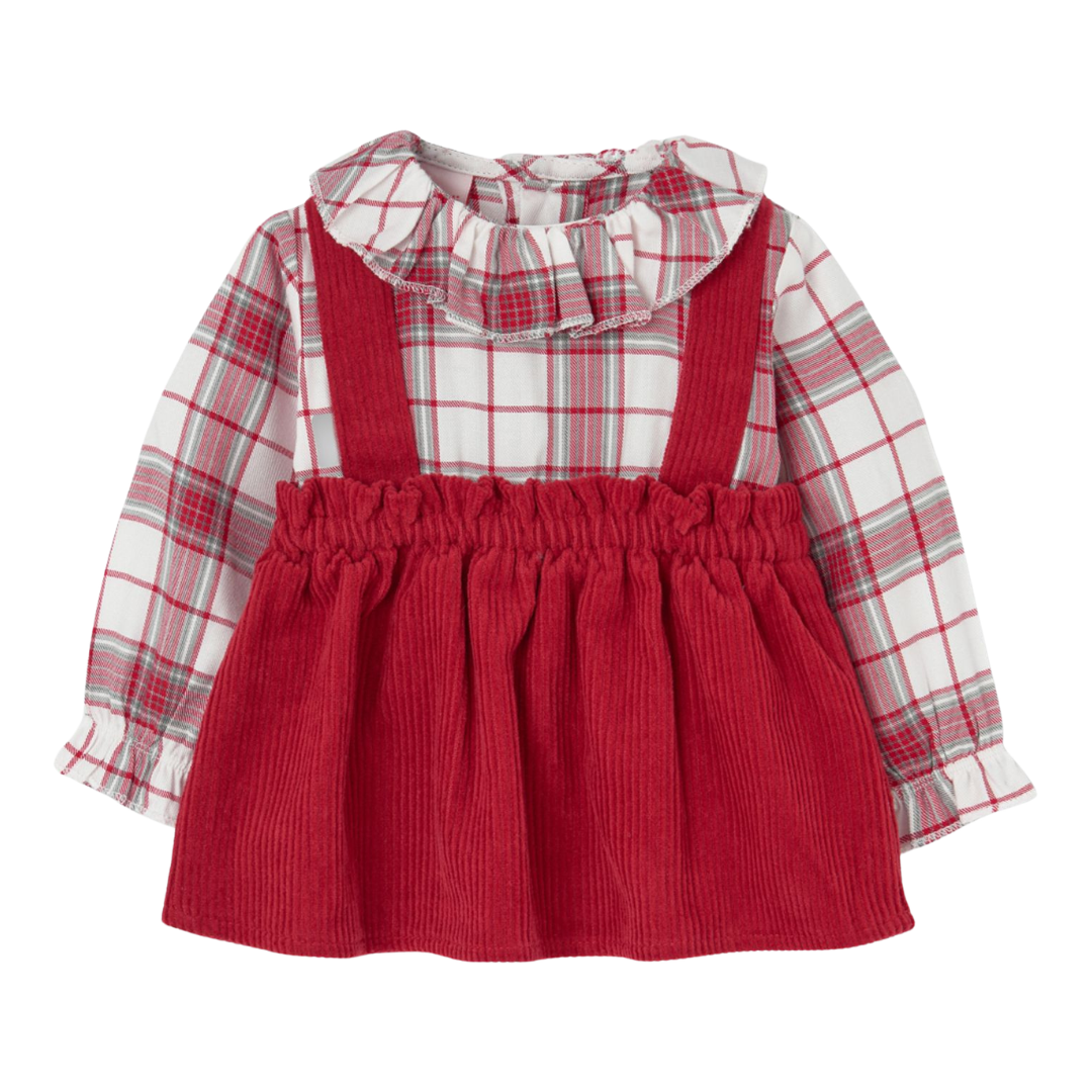 Vestido de bebé vermelho e xadrez com gola folhada e mangas compridas