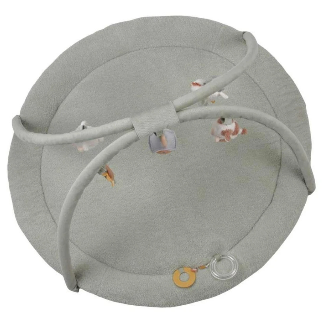 Tapete redondo cinzento para bebé com arco de brinquedos pendurados