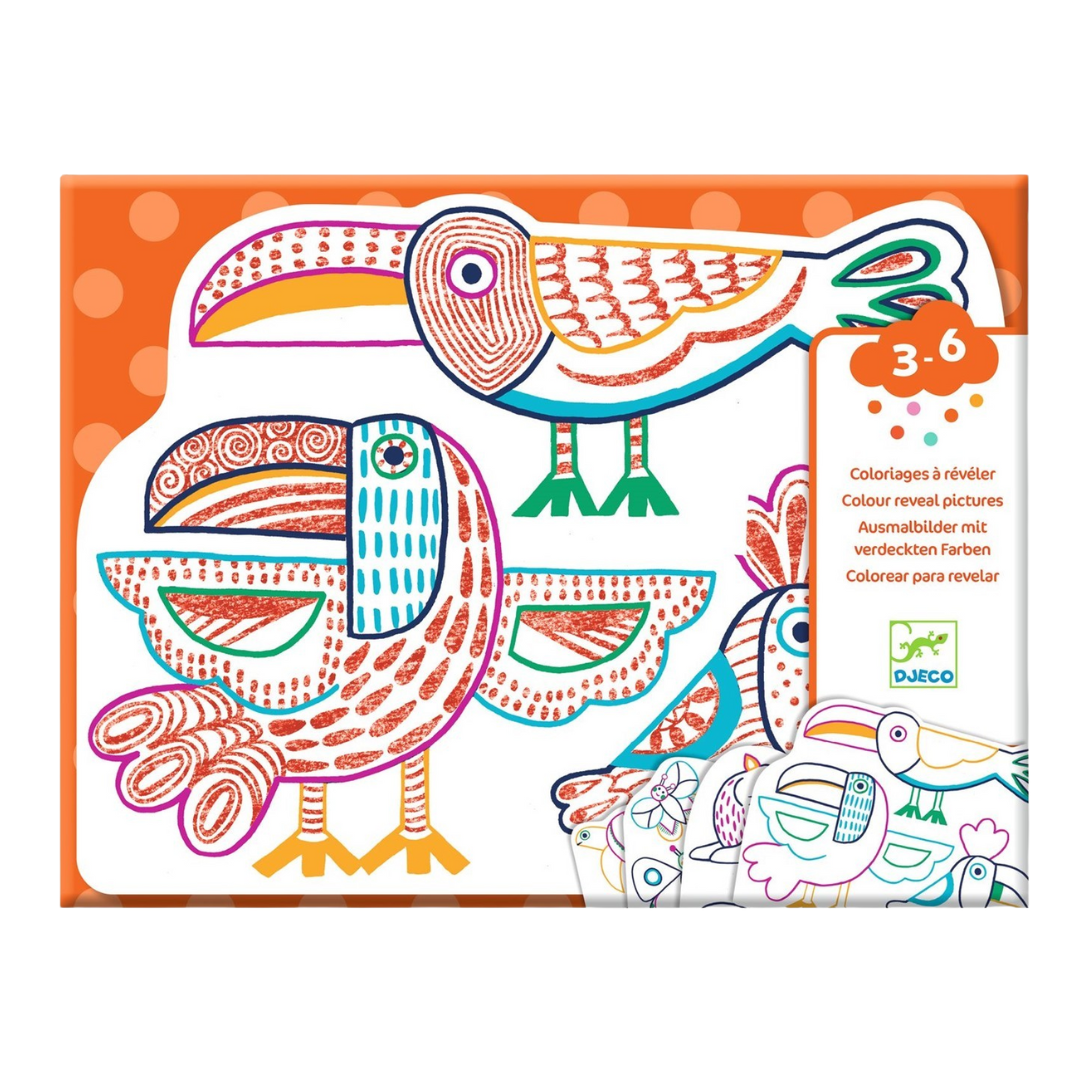Conjunto para colorir com ilustrações de aves, embalagem laranja com texto 3-6 e instruções em múltiplas línguas