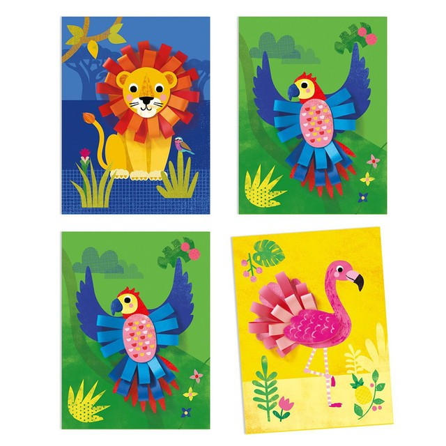 Cartões ilustrativos com animais em papel recortado tridimensional colorido