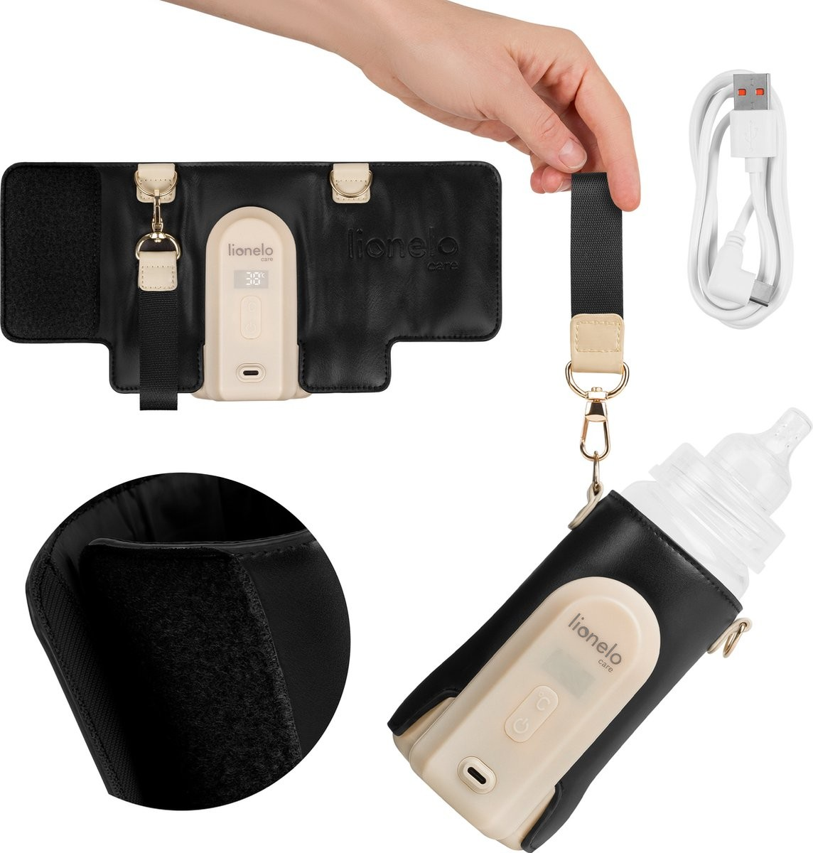 Aquecedor de biberão Lionelo bege com capa preta, display digital, botão, cabo USB e fita com mosquetão