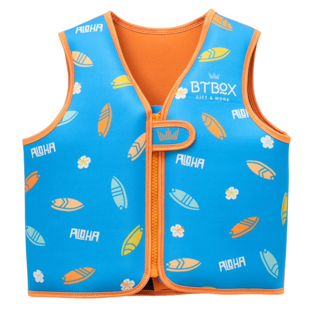Colete salva-vidas infantil azul com estampado de pranchas, texto ALOHA e BTBOX GIFT & MORE