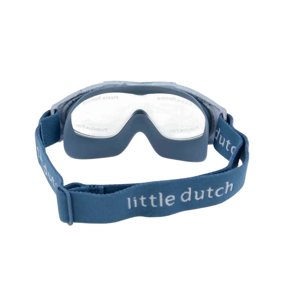 Óculos de proteção azul para crianças com lente espelhada e fita com texto little dutch