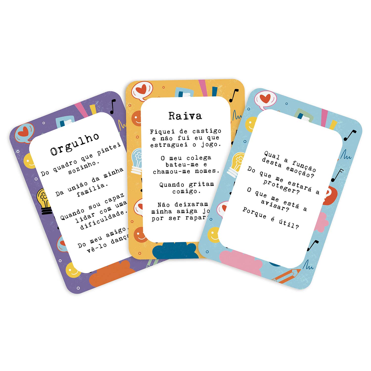 Três cartas de jogo coloridas com texto em português sobre emoções e perguntas relacionadas.