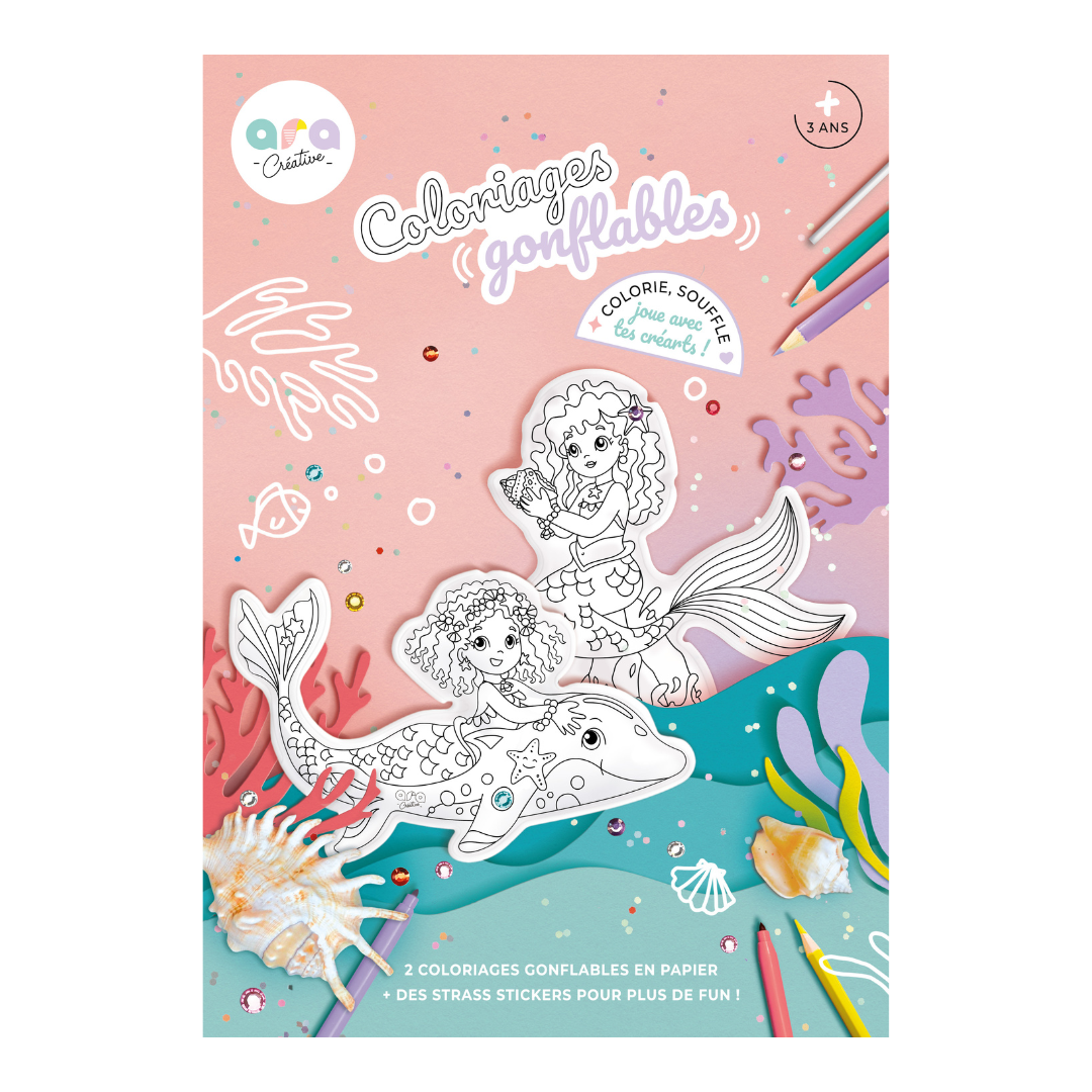 Livro de colorir com sereias e golfinho para colorir e destacar, materiais de cor e fundo decorativo marinho