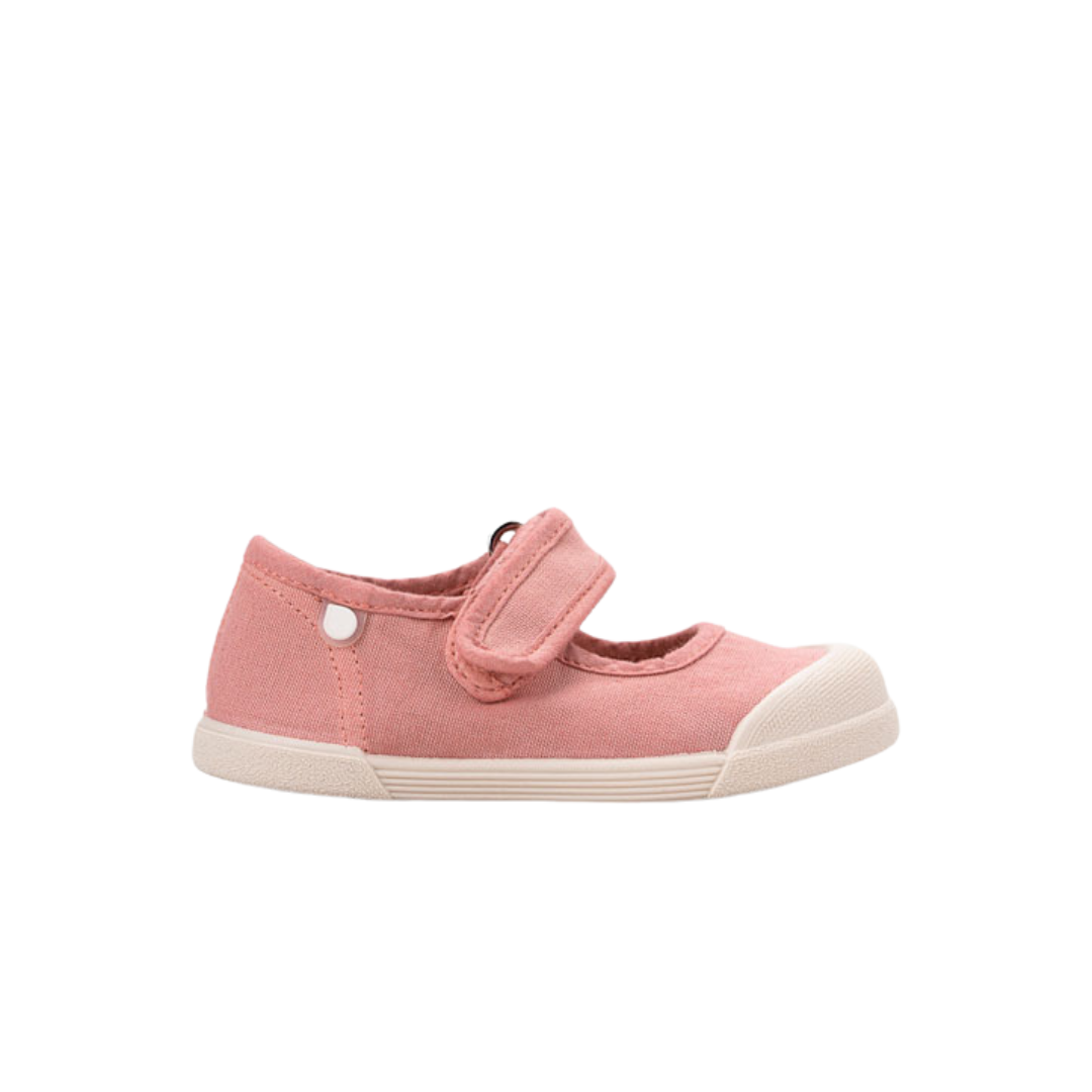 Sapato infantil rosa com sola branca e fecho velcro