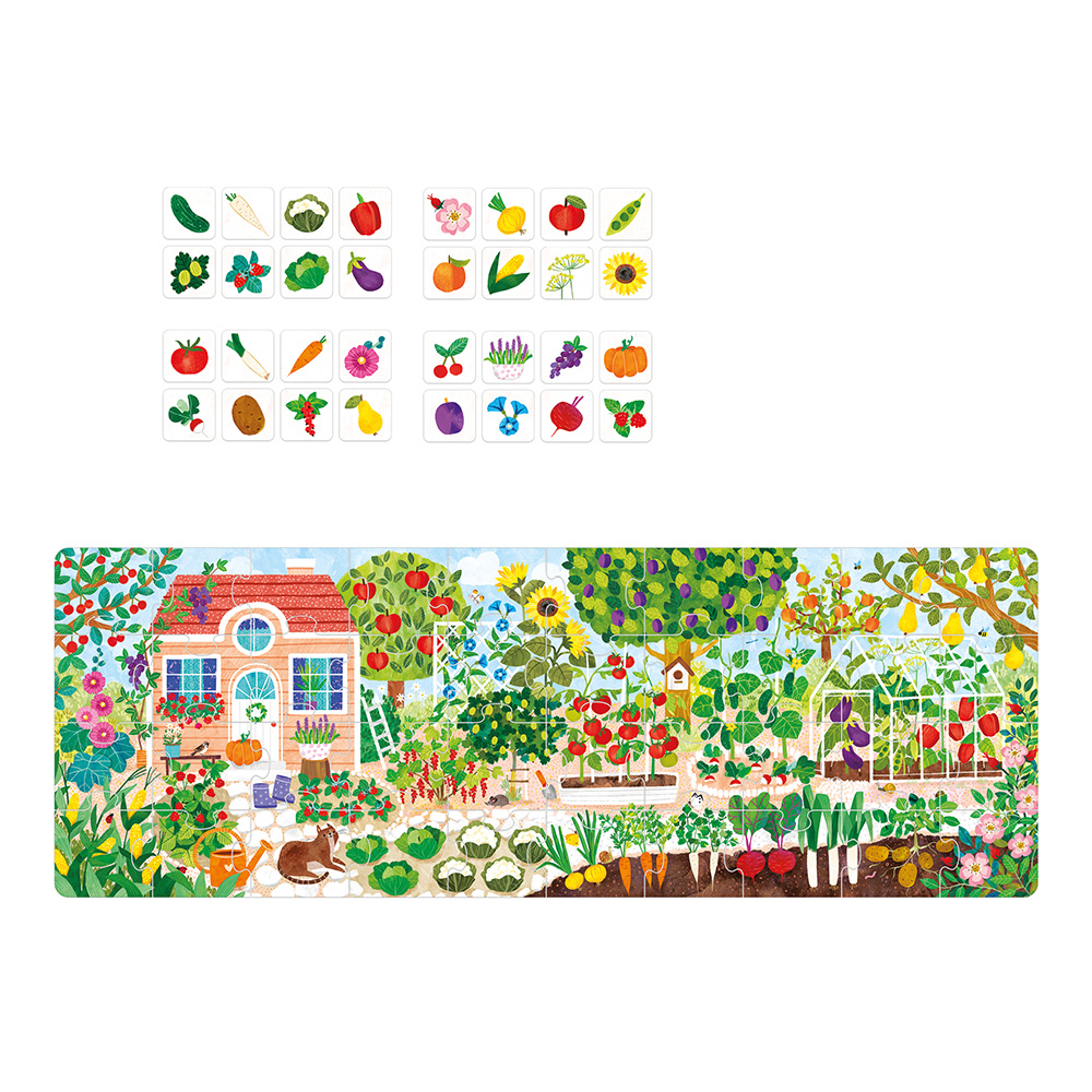 Ilustração colorida de jardim com vegetais, árvores e casa