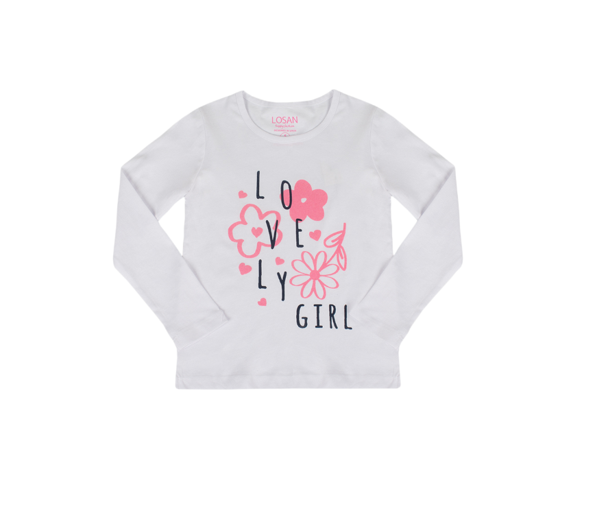 Camisola branca de manga comprida para menina com estampado 'LOVELY GIRL' e flores rosas